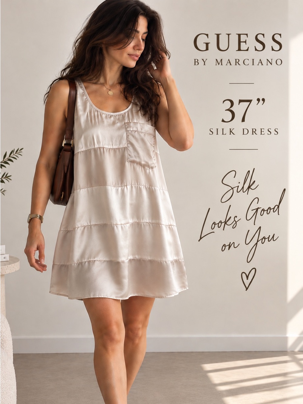 Guess by Marciano Silk Tiered Slip Dress in Champagne Beige